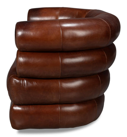 Modern Bolster Back Brown Leather Fully Upholstered Swivel Accent Chair