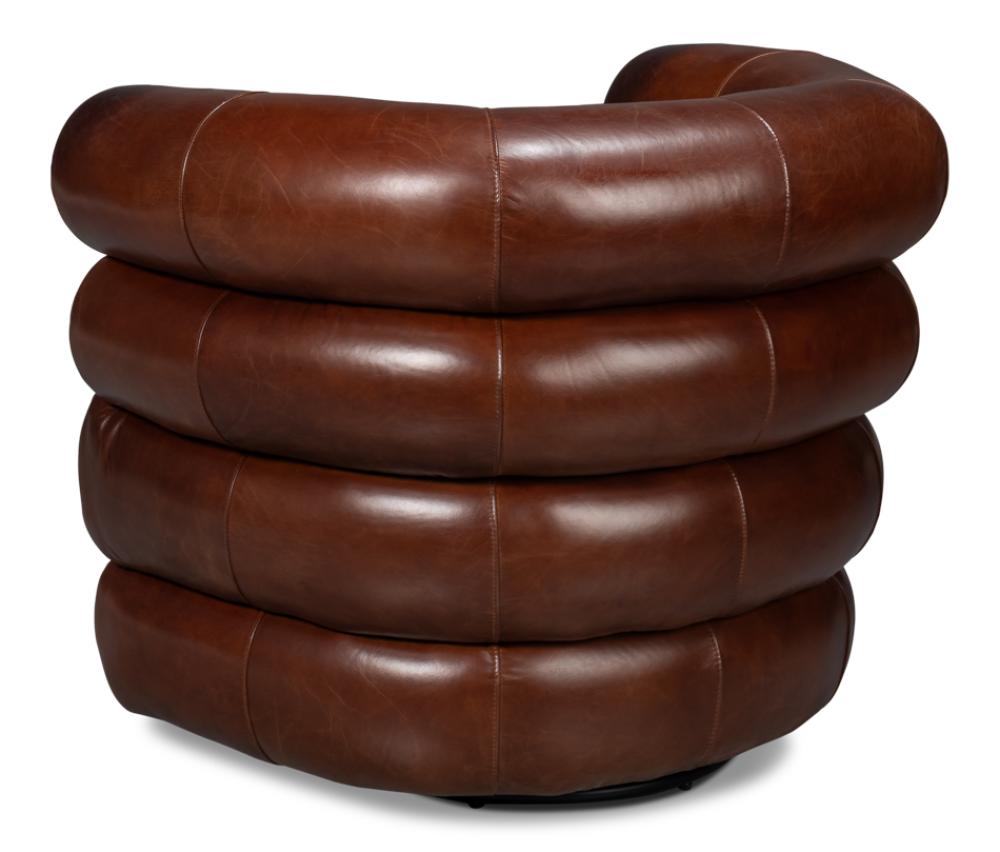 Modern Bolster Back Brown Leather Fully Upholstered Swivel Accent Chair