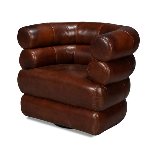 Modern Bolster Back Brown Leather Fully Upholstered Swivel Accent Chair