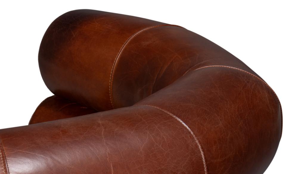 Modern Bolster Back Brown Leather Fully Upholstered Swivel Accent Chair