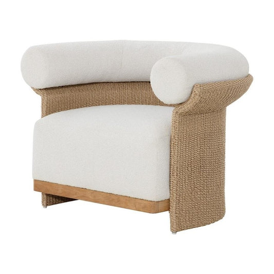 Modern Bolster Back Cream Boucle Wicker Lounge Chair Indoor Outdoor