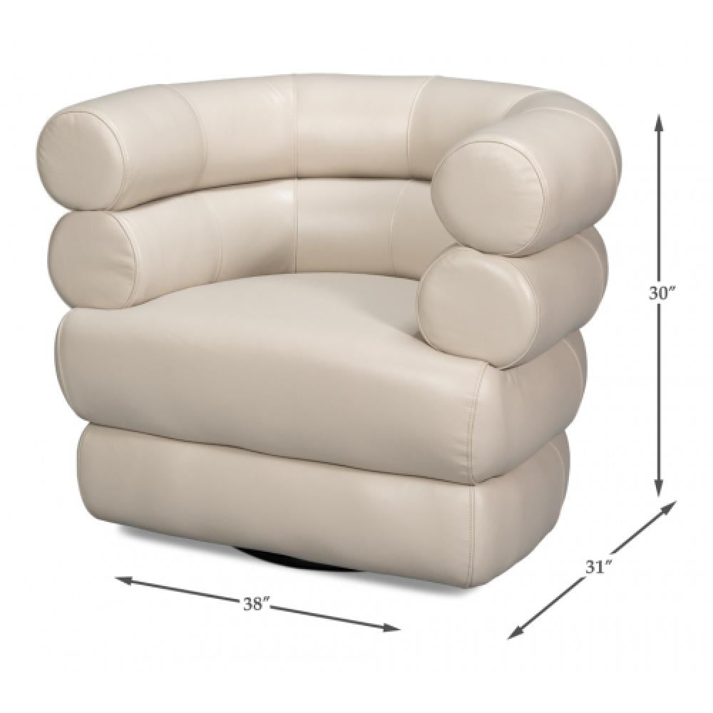 Modern Bolster Back White Leather Fully Upholstered Swivel Accent Chair