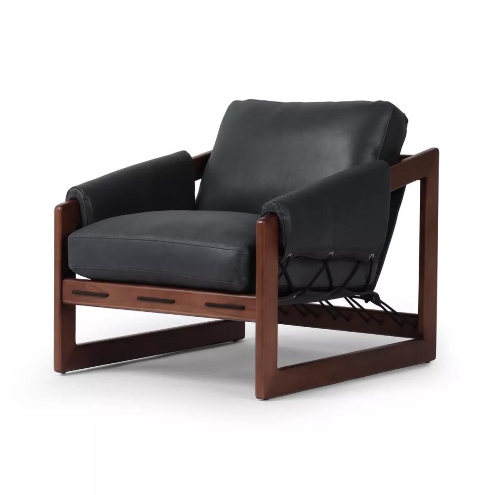 Modern Brazilian Black Leather & Exposed Solid Ash Wood Rope Sling Chair