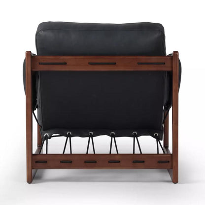 Modern Brazilian Black Leather & Exposed Solid Ash Wood Rope Sling Chair