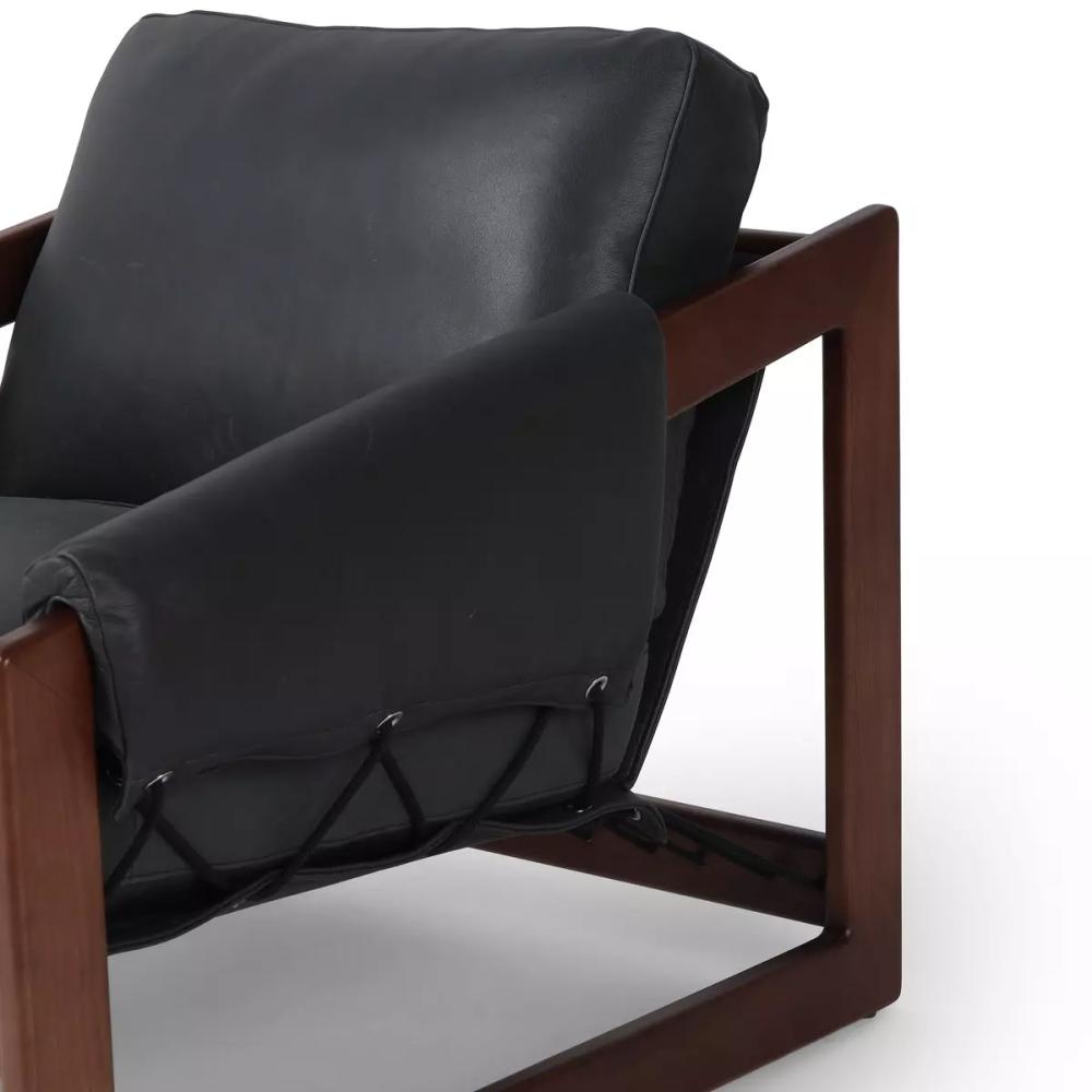 Modern Brazilian Black Leather & Exposed Solid Ash Wood Rope Sling Chair