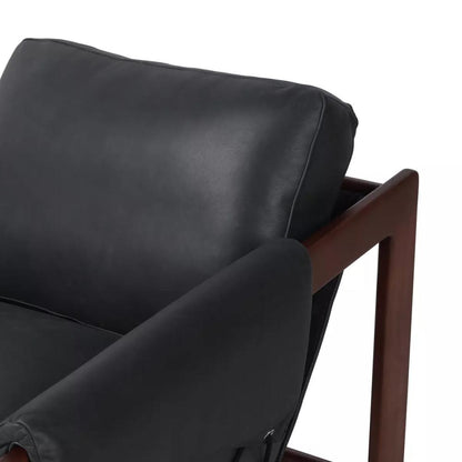 Modern Brazilian Black Leather & Exposed Solid Ash Wood Rope Sling Chair