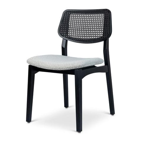 Modern Brazilian Black Natural Cane Dining Chair Rounded Back Solid Tauari Wood Boucle Seat