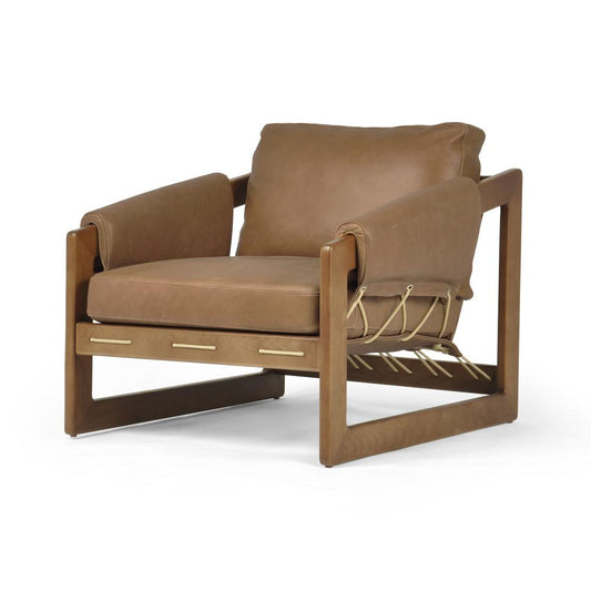 Modern Brazilian Cognac Brown Leather & Exposed Solid Ash Wood Rope Sling Chair