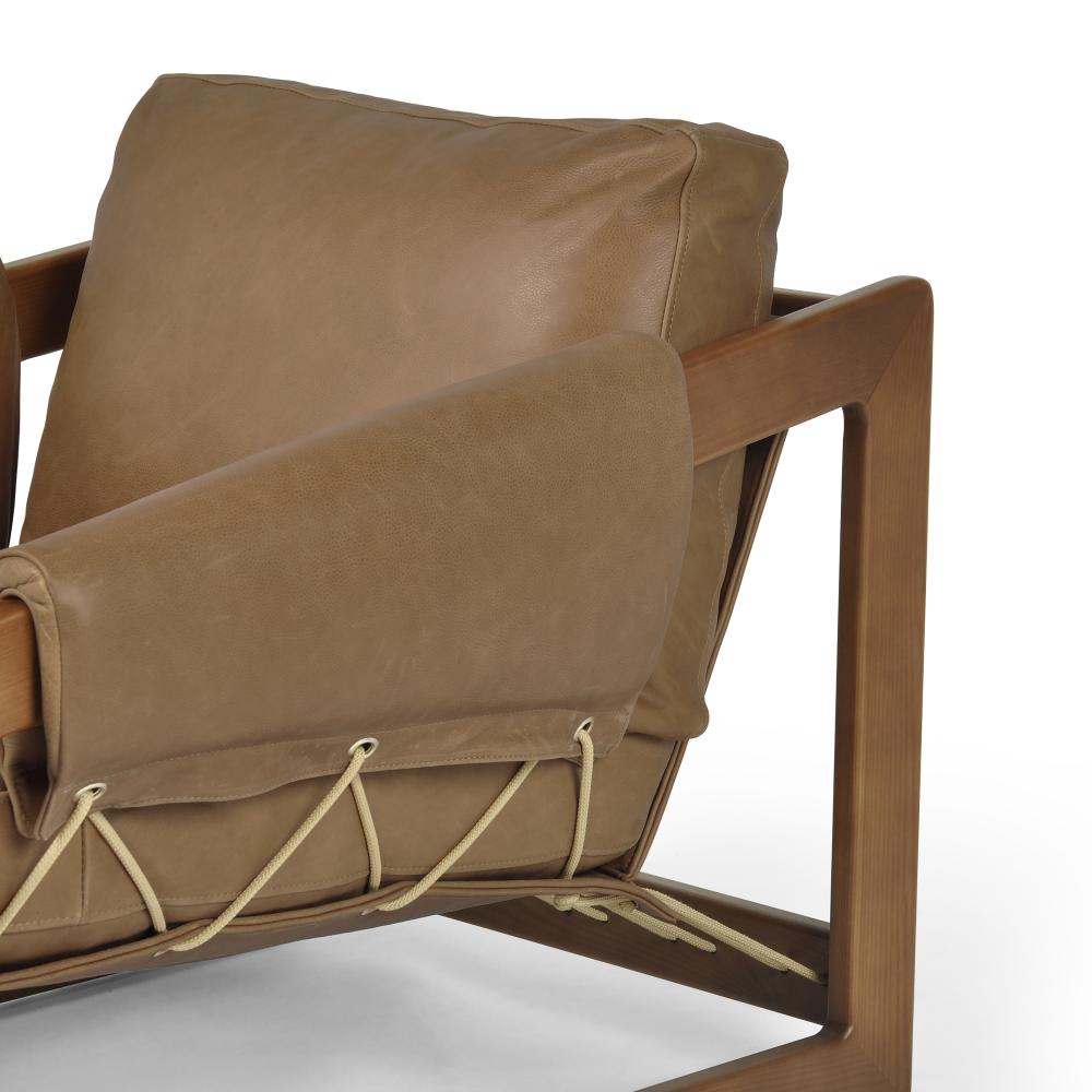 Modern Brazilian Cognac Brown Leather & Exposed Solid Ash Wood Rope Sling Chair