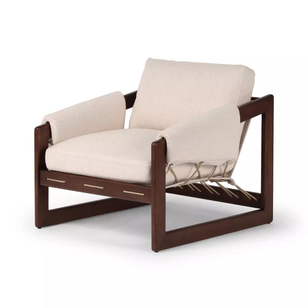 Modern Brazilian Performance Fabric & Exposed Solid Ash Wood Rope Sling Chair