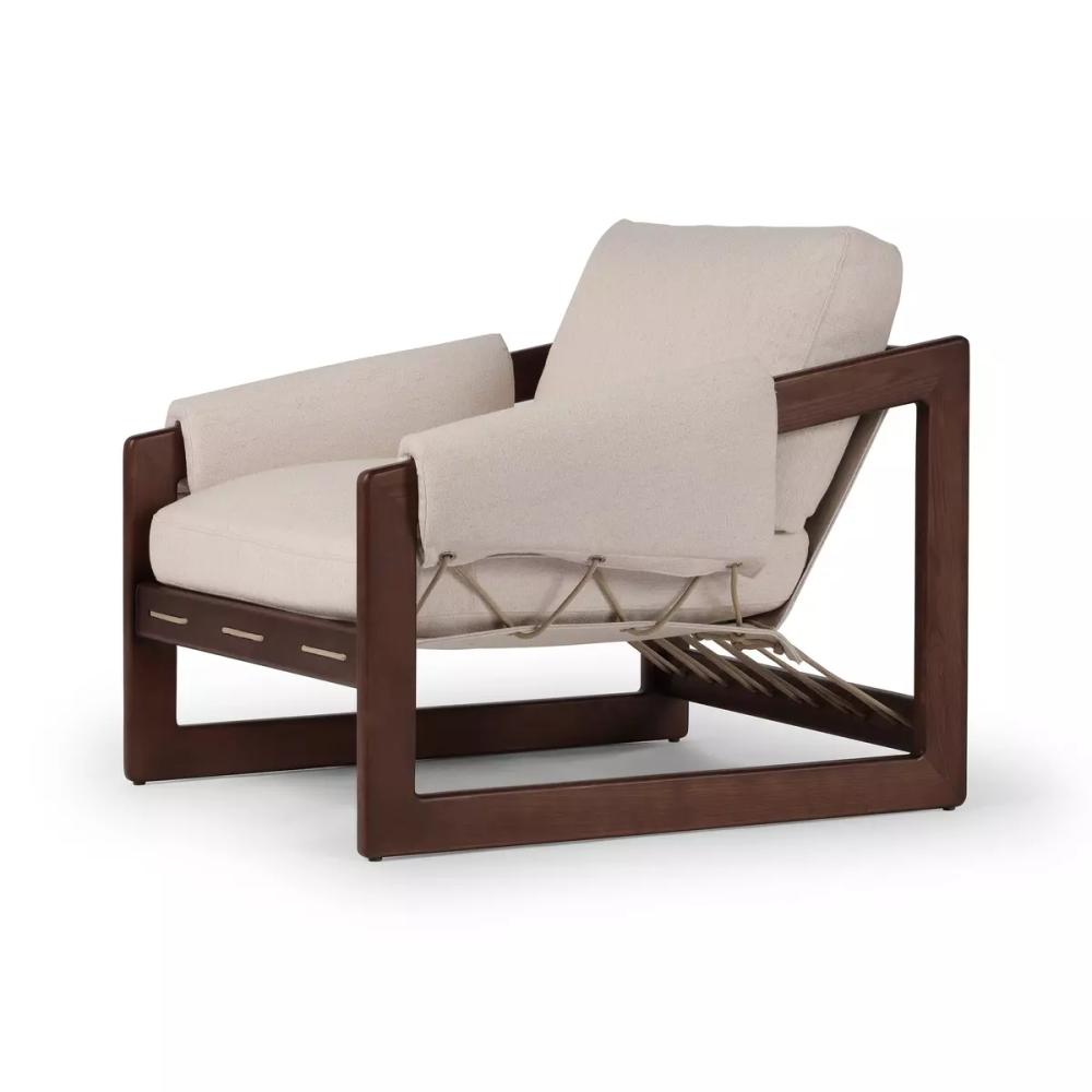 Modern Brazilian Performance Fabric & Exposed Solid Ash Wood Rope Sling Chair