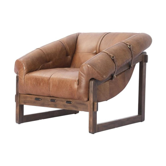 Modern Brazilian Style Brown Leather Wood Frame Lounge Chair Armchair