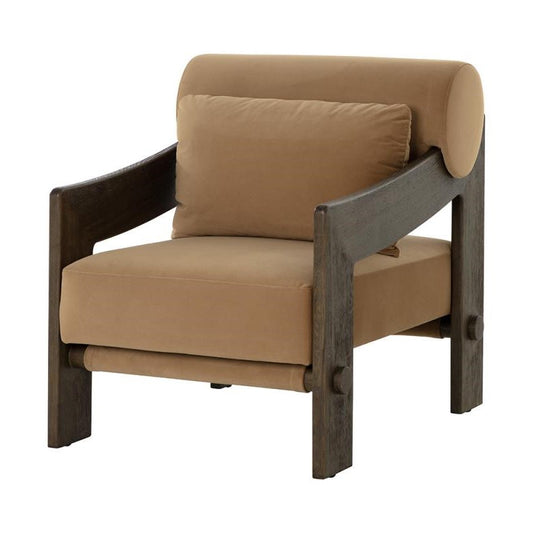 Modern Brazilian Style Solid Oak Wood & Camel Fabric Lounge Chair Accent Armchair