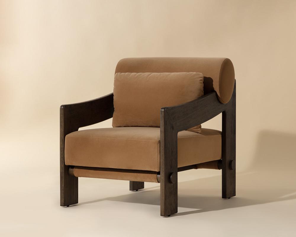 Modern Brazilian Style Solid Oak Wood & Camel Fabric Lounge Chair Accent Armchair