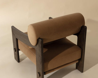 Modern Brazilian Style Solid Oak Wood & Camel Fabric Lounge Chair Accent Armchair