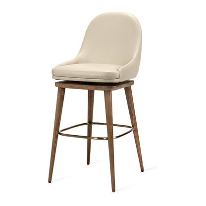 Modern Classic Cream Faux Leather Spoon Back Swivel Bar Stool Solid Wood Frame