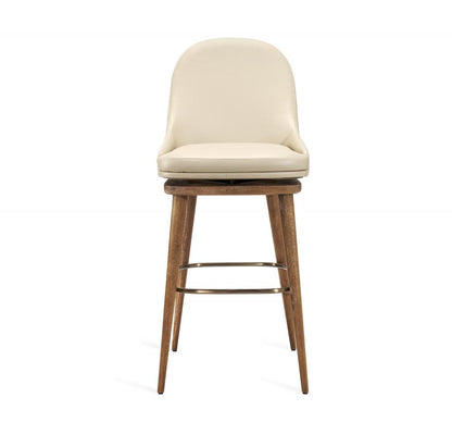 Modern Classic Cream Faux Leather Spoon Back Swivel Bar Stool Solid Wood Frame