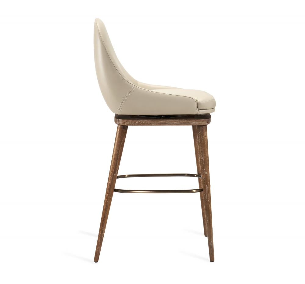 Modern Classic Cream Faux Leather Spoon Back Swivel Bar Stool Solid Wood Frame