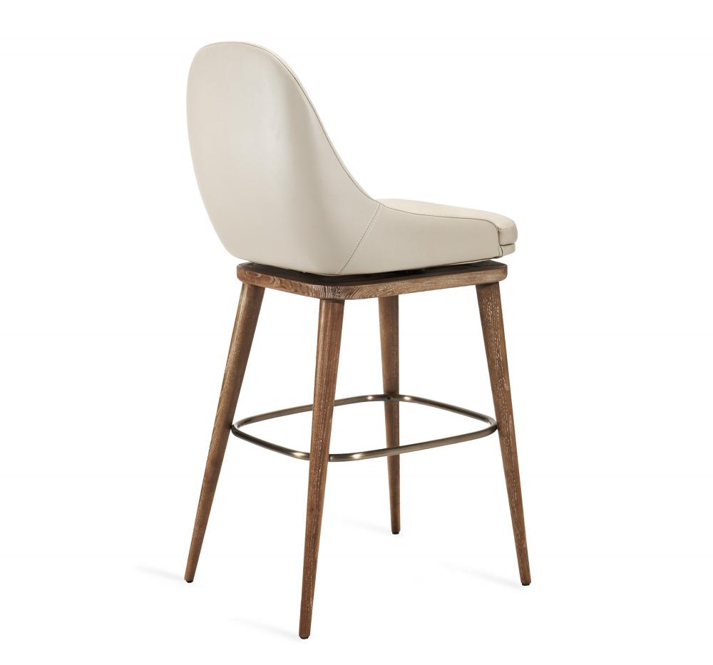 Modern Classic Cream Faux Leather Spoon Back Swivel Bar Stool Solid Wood Frame