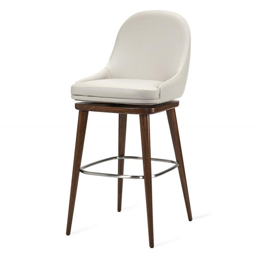 Modern Classic Light Grey Faux Leather Spoon Back Swivel Bar Stool Solid Wood Frame