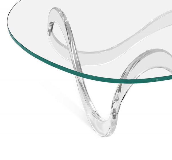 Modern Clear Acrylic Wave Base & Curvilinear Glass Top Coffee Table 56 inch