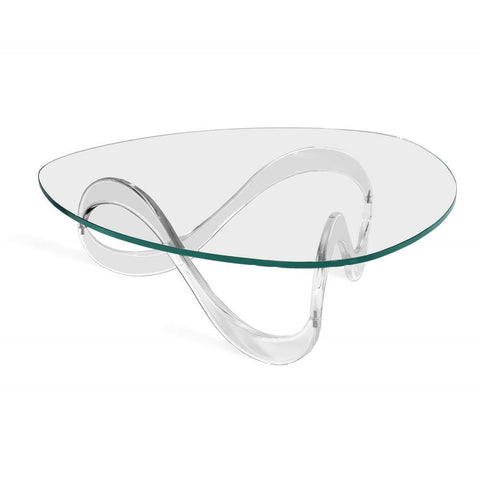 Modern Clear Acrylic Wave Base & Curvilinear Glass Top Coffee Table 56 inch