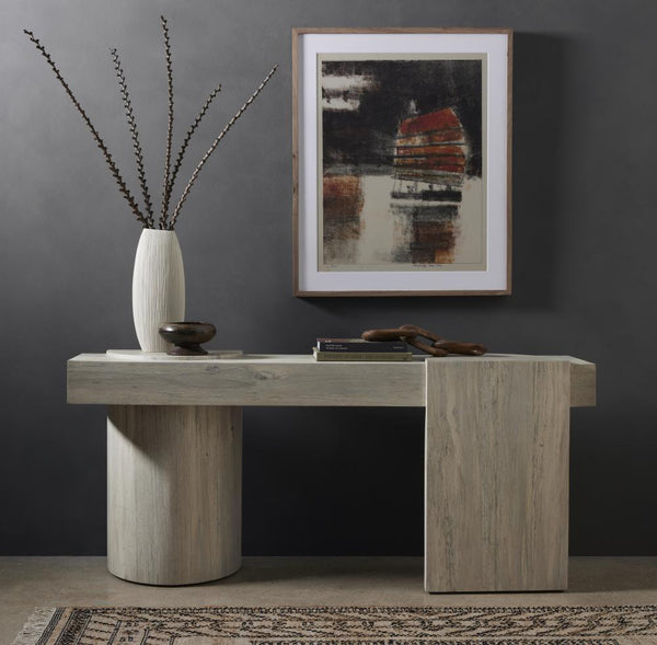 Modern Coastal Beach Asymmetric Pillar Legs Console Table Bleached Spalted Oak Wood 72 inch