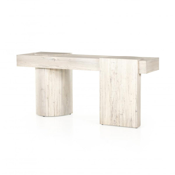 Modern Coastal Beach Asymmetric Pillar Legs Console Table Bleached Spalted Oak Wood 72 inch