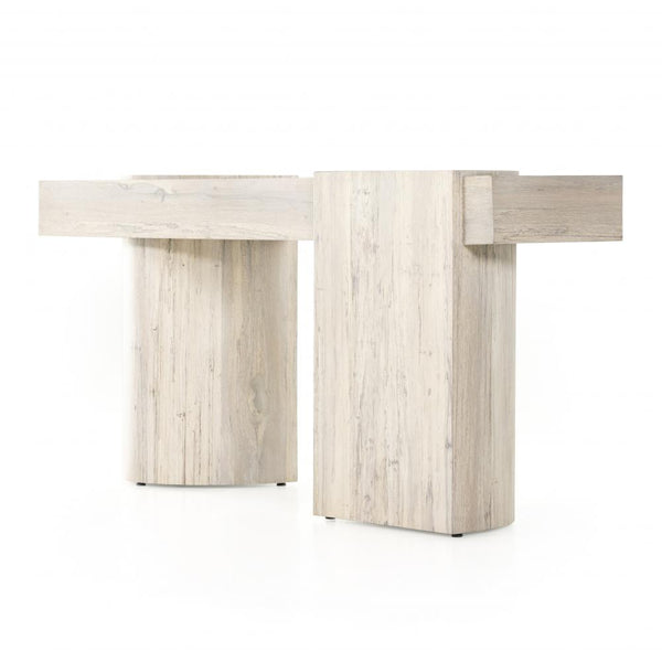 Modern Coastal Beach Asymmetric Pillar Legs Console Table Bleached Spalted Oak Wood 72 inch