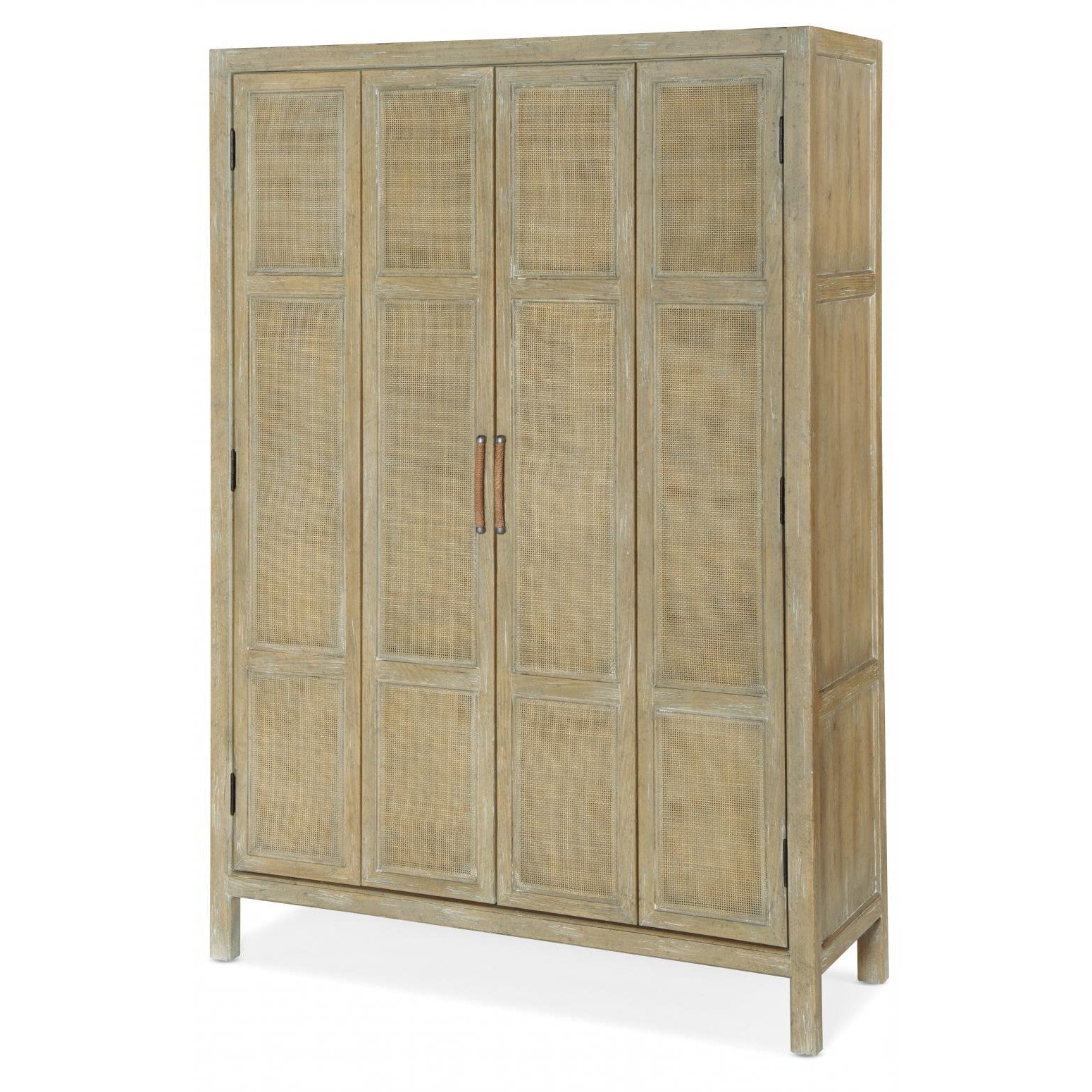 Modern Coastal Rattan & Natural Wood Tall Bar Cabinet with Wine Storage & Light 51 inch