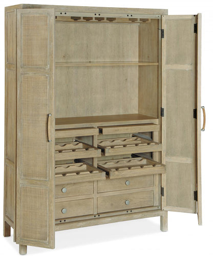 Modern Coastal Rattan & Natural Wood Tall Bar Cabinet with Wine Storage & Light 51 inch