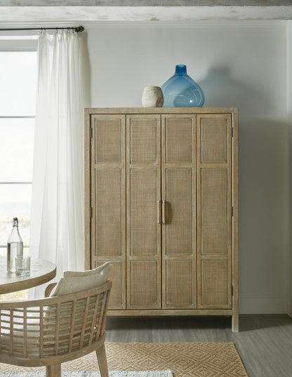 Modern Coastal Rattan & Natural Wood Tall Bar Cabinet with Wine Storage & Light 51 inch