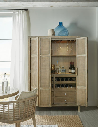 Modern Coastal Rattan & Natural Wood Tall Bar Cabinet with Wine Storage & Light 51 inch