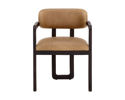 Modern Curved Back 3 Leg Dining Chair Armchair Brown Oak Wood & Leather