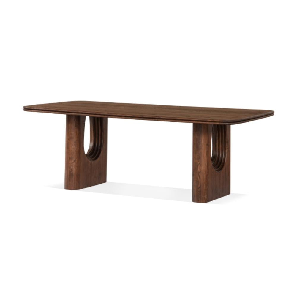 Modern Curved Layered Arched Legs Rectangle Dining Table Oak Wood with Brown Finish 86 inch