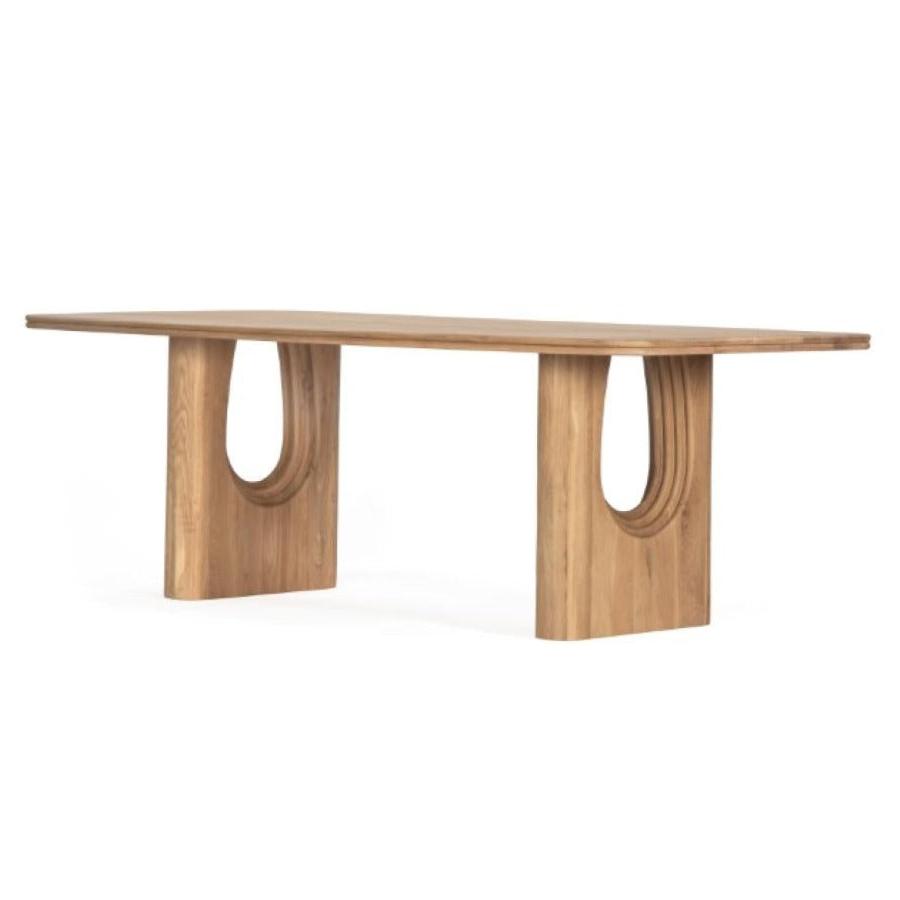 Modern Curved Layered Arched Legs Rectangle Dining Table Oak Wood with Natural Finish 86 inch