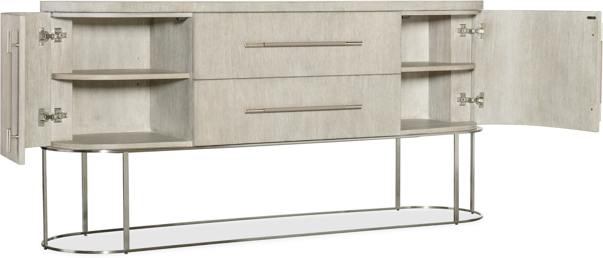 Modern Curved Sideboard Buffet Wire Brushed Alabaster Finish Metal Pewter Base 76 inch