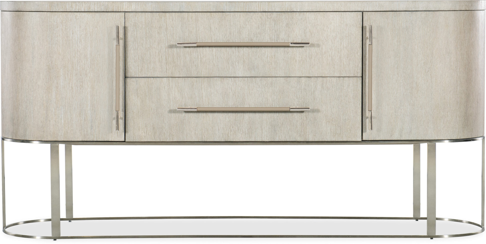 Modern Curved Sideboard Buffet Wire Brushed Alabaster Finish Metal Pewter Base 76 inch