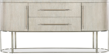 Modern Curved Sideboard Buffet Wire Brushed Alabaster Finish Metal Pewter Base 76 inch