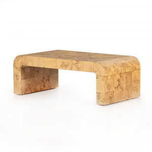 Modern Curved Waterfall Rectangle Coffee Table Poplar Burl Wood Veneer Natural Finish 45 inch