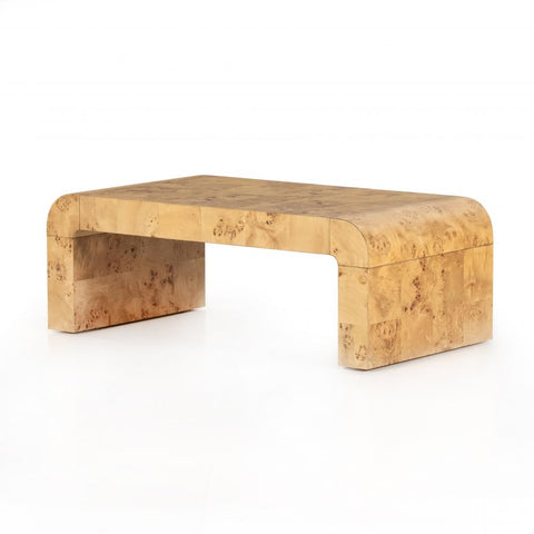 Modern Curved Waterfall Rectangle Coffee Table Poplar Burl Wood Veneer Natural Finish 45 inch