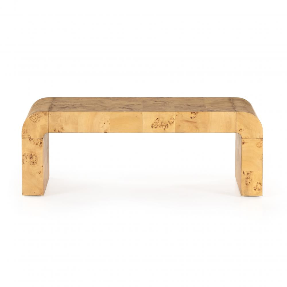 Modern Curved Waterfall Rectangle Coffee Table Poplar Burl Wood Veneer Natural Finish 45 inch