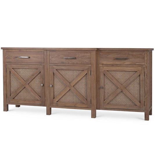 Modern Farmhouse Cane X Door Brown Sideboard Buffet Reclaimed Teak Wood 79 inch