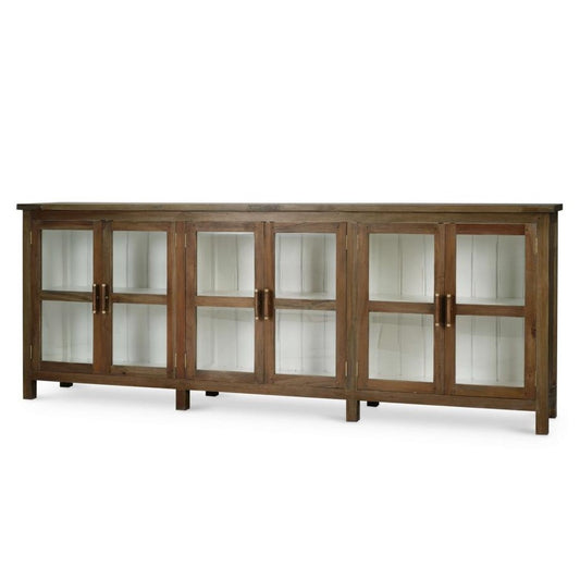 Modern Farmhouse 6 Glass Door Sideboard Buffet Brown Wash & White Interior 104 inch