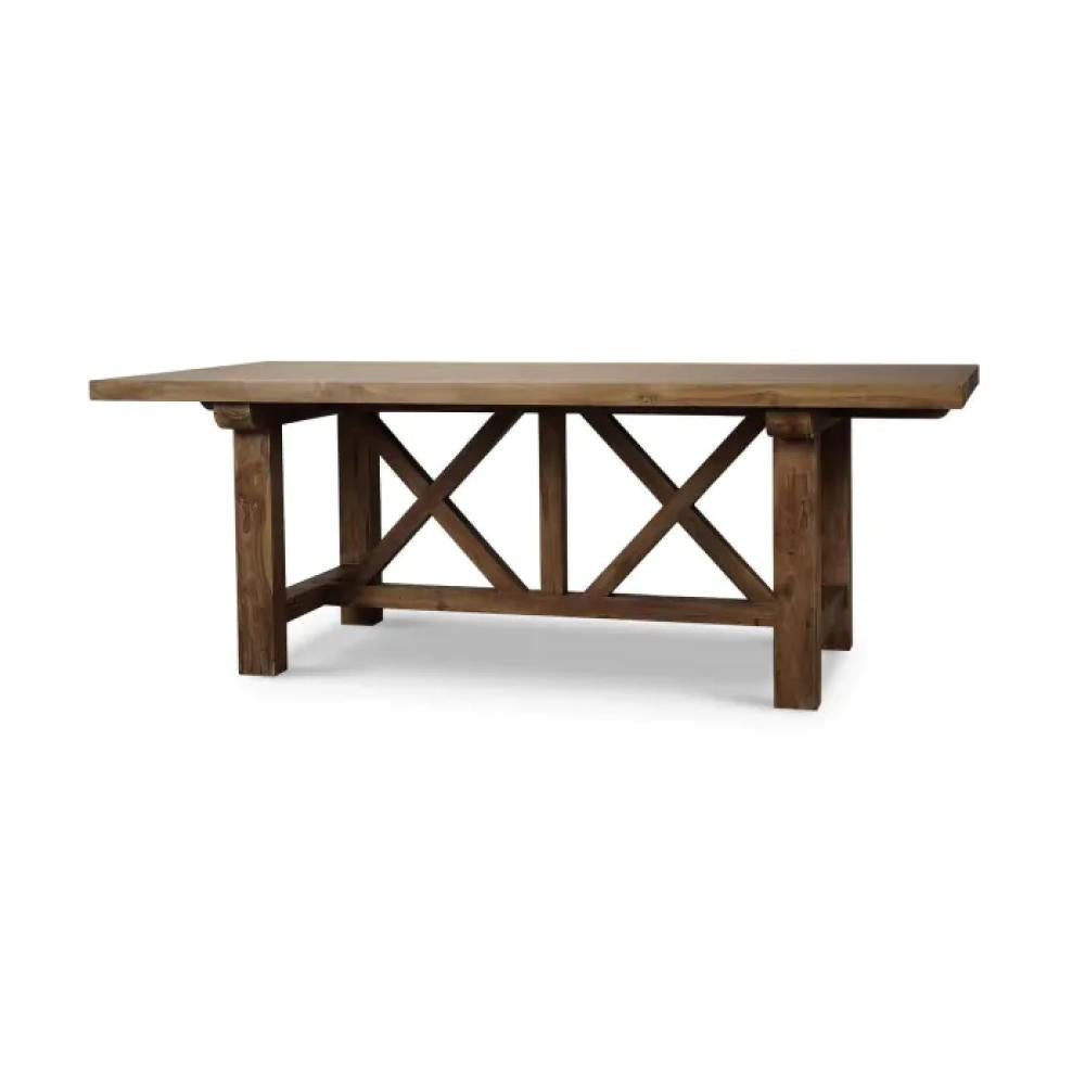 Modern Farmhouse X Base Rectangle Solid Teak Wood Dining Table 84 inch