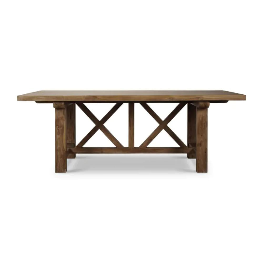 Modern Farmhouse X Base Rectangle Solid Teak Wood Dining Table 84 inch