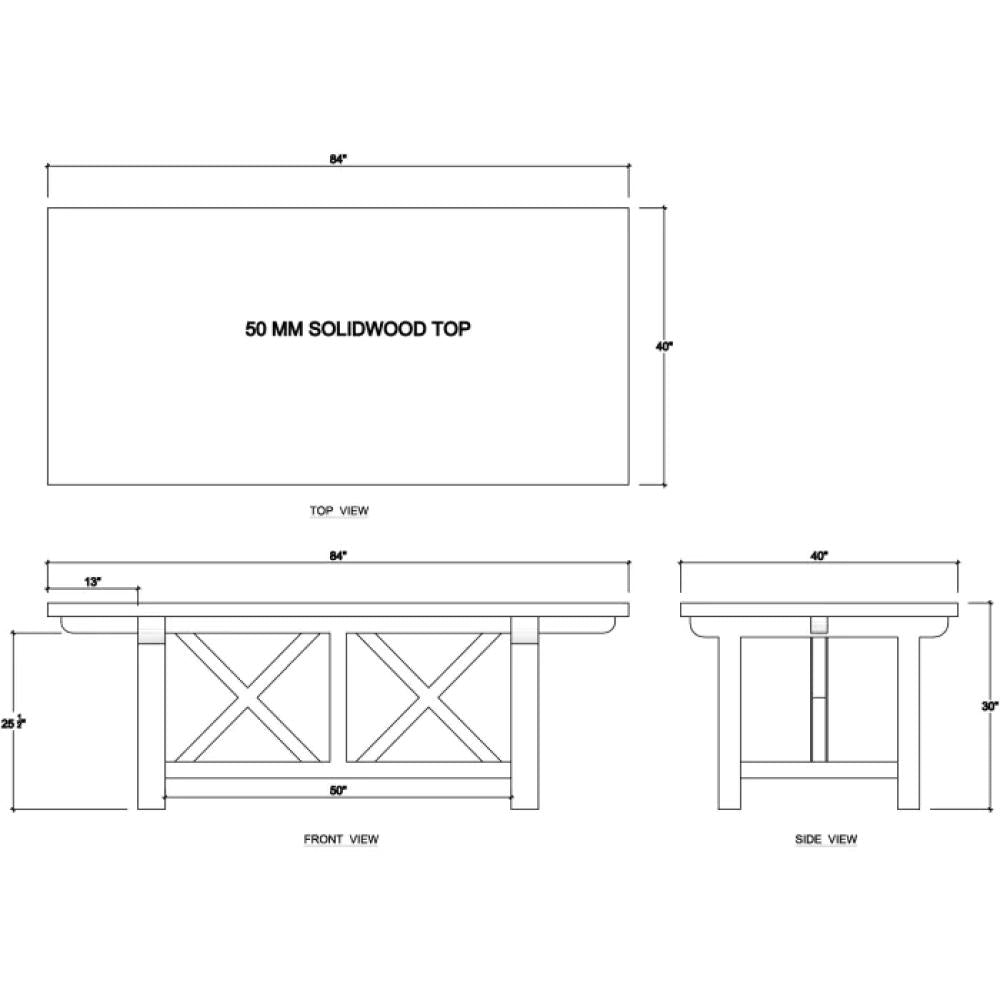 Modern Farmhouse X Base Rectangle Solid Teak Wood Dining Table 84 inch