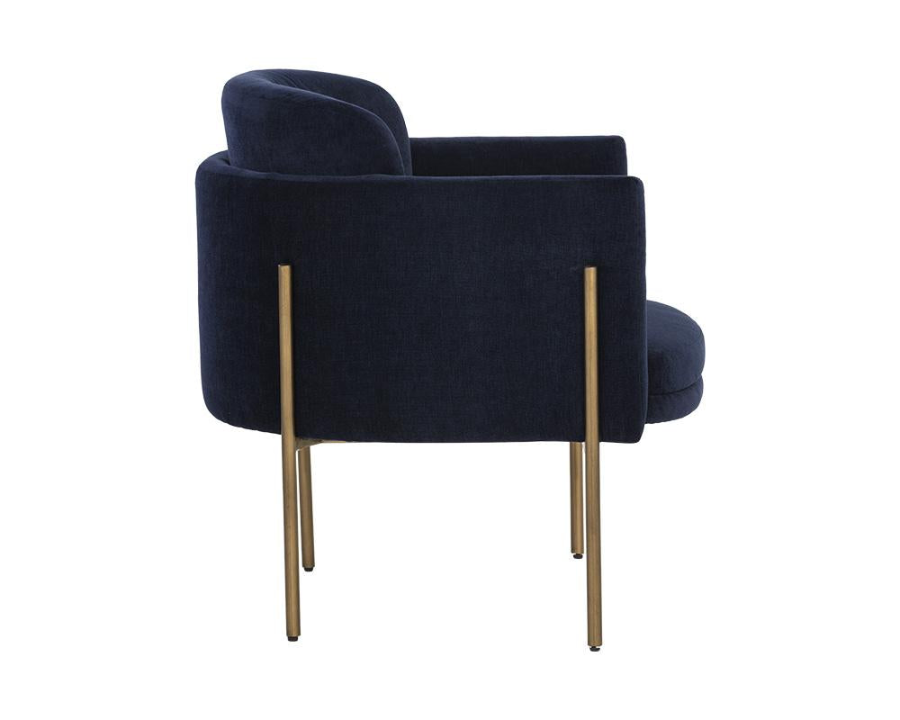 Modern Glam Barrel Back Lounge Chair Navy Blue Fabric & Brass Legs