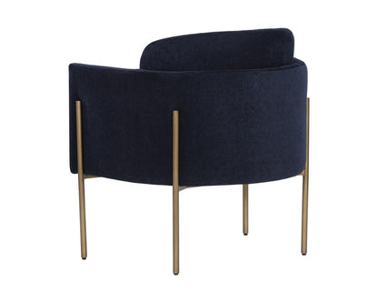 Modern Glam Barrel Back Lounge Chair Navy Blue Fabric & Brass Legs