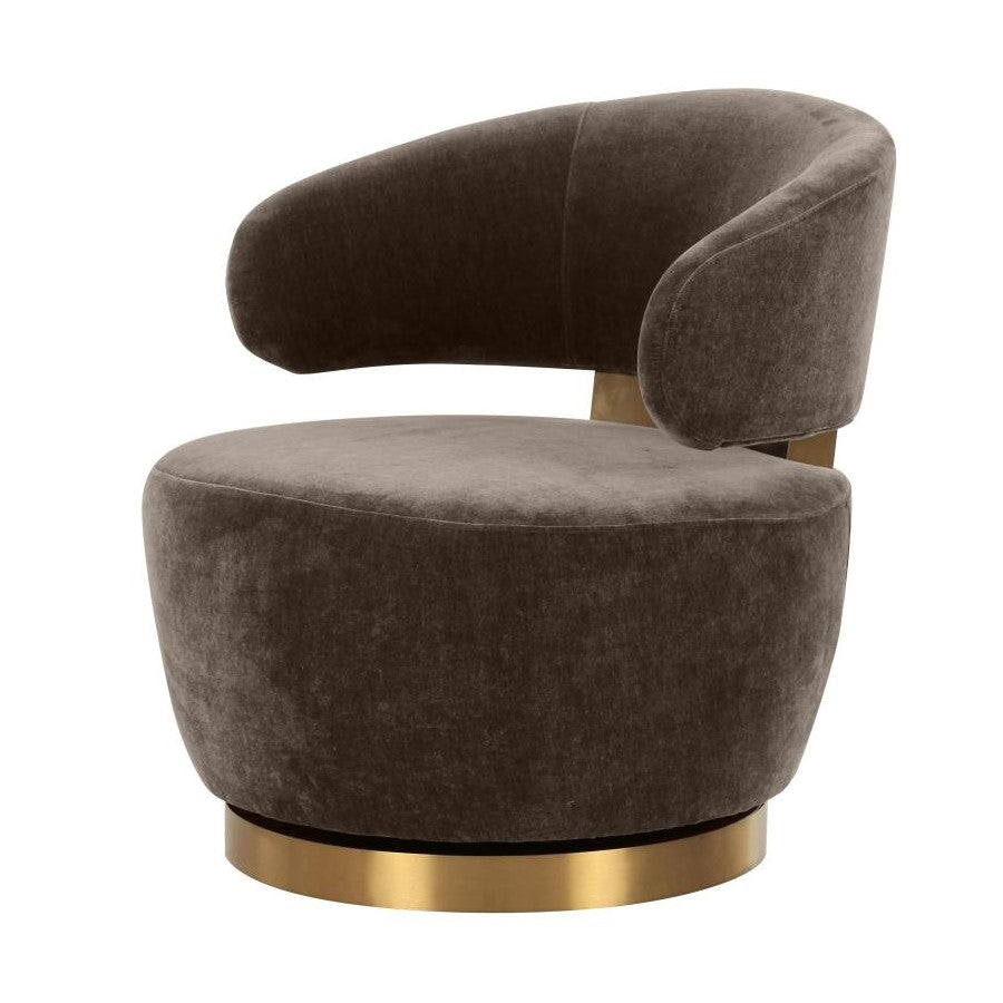 Modern Glam Brown Fabric & Brushed Gold Curved Back Swivel Chair